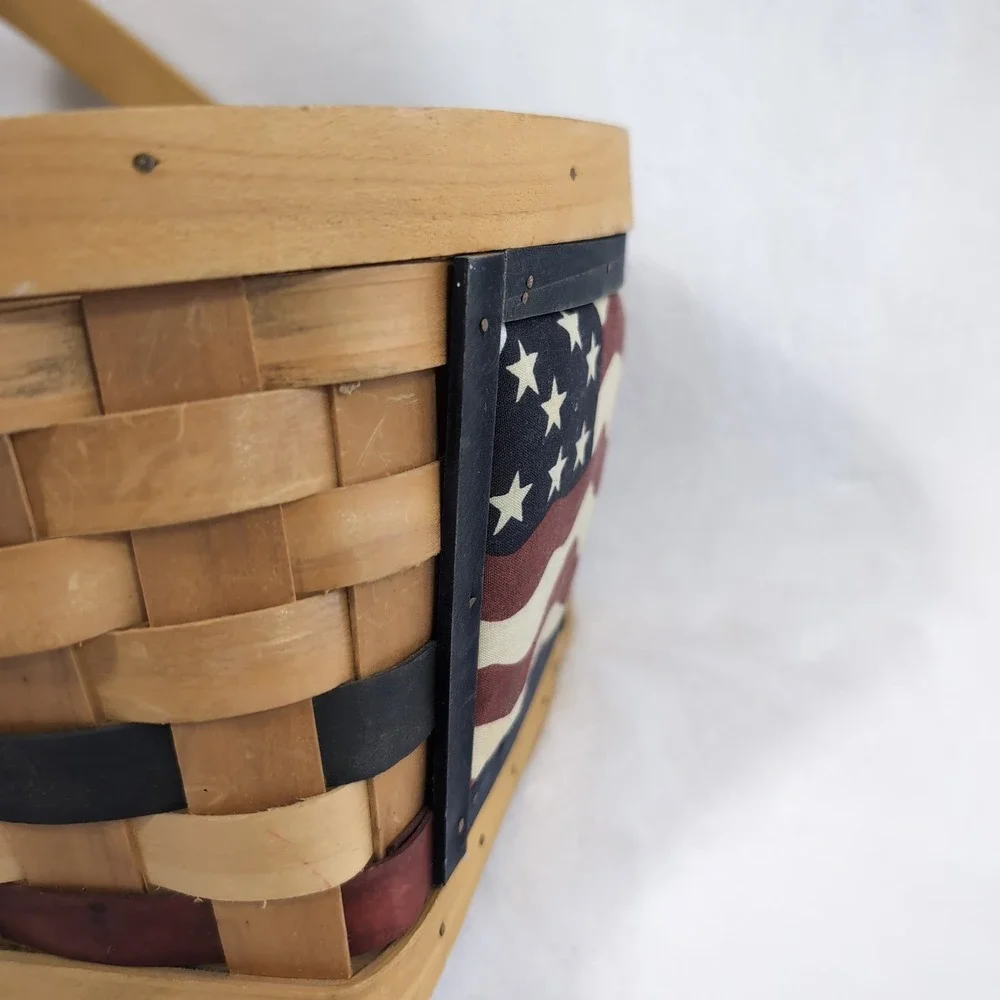 Vintage Americana Woven Wood Basket w/ Plush‎ American Flag Fabric Patriotic 4oJ